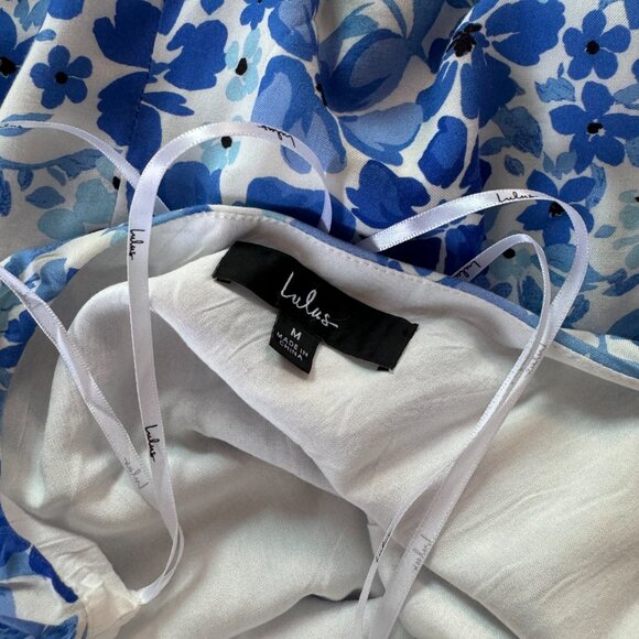 Lulus Summery Side Asymmetrical Wrap Mini Dress - Blue/White Floral - Picture 6 of 6